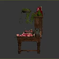 Assorted Food On Wooden Shelf Table With Red Pink Meat Bottled Spices Green Plant Decor