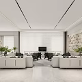 Modern Sales Office Interior With Spacious Design Hanging Chandelier And Decorative Painting
