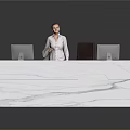 Modern Marble Reception Desk In Office Lobby With Computer Monitors And Receptionist