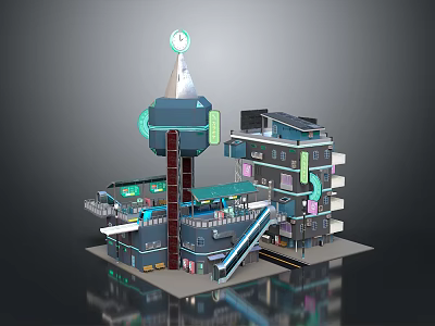 Futuristic Building Model Featuring Tower Multi Level Structure With Staircase And Tech Elements 3d model