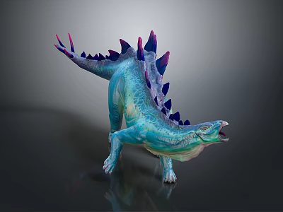 Turquoise Stegosaurus Dinosaur Model with Purple Spikes Open Mouth Detailed Texture Standing Pose Dark Background 3d model
