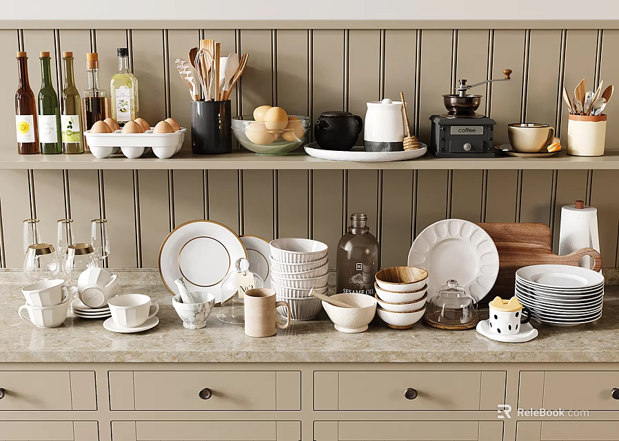 Stylish Kitchen Dinnerware Set with Plates Bowls Cups and Utensils on Shelves and Countertop 3d model 