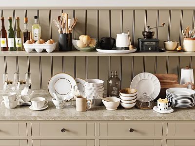 Stylish Kitchen Dinnerware Set with Plates Bowls Cups and Utensils on Shelves and Countertop 3d model