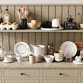 Stylish Kitchen Dinnerware Set with Plates Bowls Cups and Utensils on Shelves and Countertop