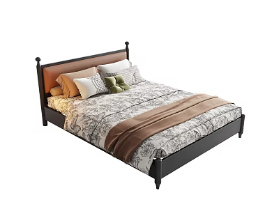 Classic Single Bed with Brown Headboard Black Metal Frame Patterned Bedding and Colorful Pillows 3d model