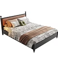 Classic Single Bed with Brown Headboard Black Metal Frame Patterned Bedding and Colorful Pillows