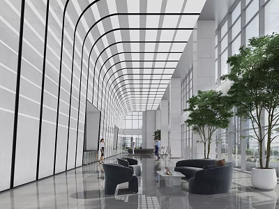 Modern Reception In Spacious Lobby With Marble Floors Black Sofas Green Plants And Glass Ceiling 3d model
