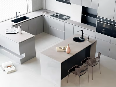 Modern Kitchen Interior With Gray Cabinets Island Countertop Sink Stove And Chairs 3d model