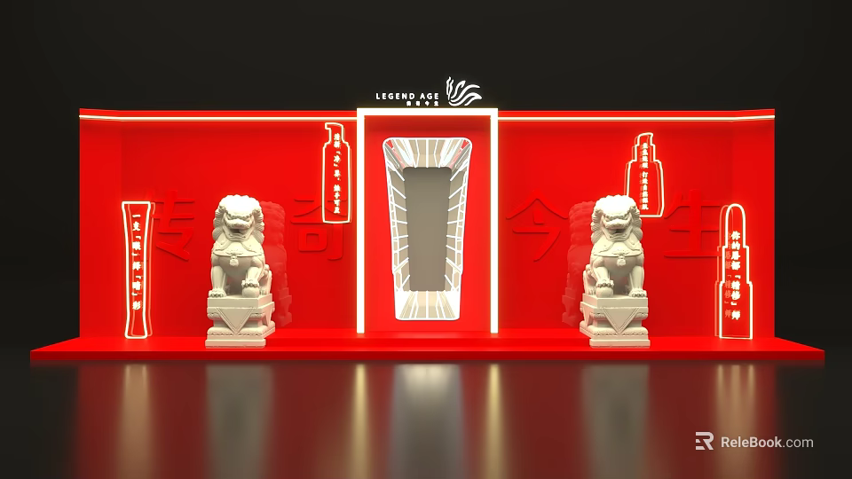 Window Display Decoration With Red Background Lion Statues Lighted Frame And Product Bottles 3d model