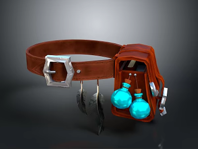 Brown Leather Bag With Silver Buckle Feather Decorations And Blue Bottles 3d model