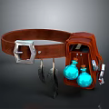 Brown Leather Bag With Silver Buckle Feather Decorations And Blue Bottles