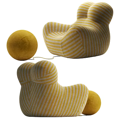 Yellow And White Striped Bean Bag Chair With Round Yellow Ottoman 3d model