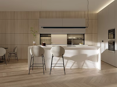 Modern Kitchen Bar Area With White Countertop Two Bar Stools And Wooden Walls 3d model