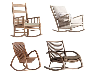 Various Wooden Rocking Chair Designs With Slat Backs Armrests And Wood Tones 3d model