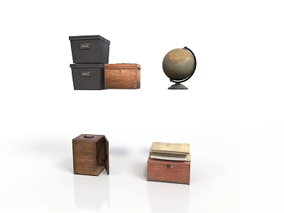 Household Storage Items Including Stacked Black Brown Wooden Boxes And Globe 3d model