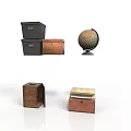 Household Storage Items Including Stacked Black Brown Wooden Boxes And Globe