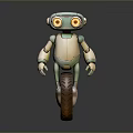 Cute Green And Beige Robot With Large Orange Eyes Riding Unicycle