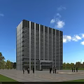Tall Modern Office Building Featuring Glass Curtain Wall And Green Lawn With People Around