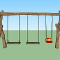 Wooden Playground Swing Set With Three Seats Red Yellow Child Seat Natural Tree Posts