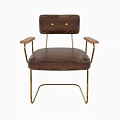 Brown Leather Leisure Chair With Gold Button Accent Wooden Armrests And Metal Legs