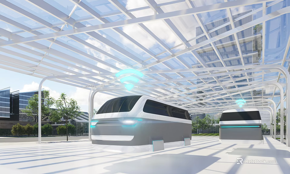 Cartoon Scene With Futuristic Vehicles Transparent Roof White Frame Blue Lights Trees And High Rises 3d model 