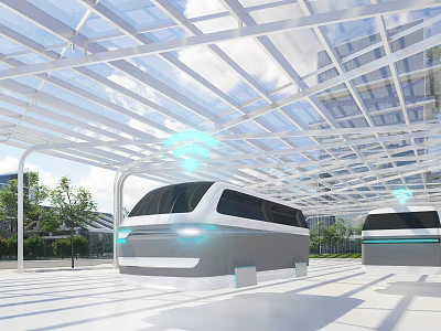 Cartoon Scene With Futuristic Vehicles Transparent Roof White Frame Blue Lights Trees And High Rises 3d model