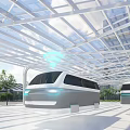 Cartoon Scene With Futuristic Vehicles Transparent Roof White Frame Blue Lights Trees And High Rises