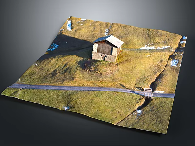 Ancient Scene Featuring Small Wooden House On Grassy Hillside With Path And Snow Patches 3d model