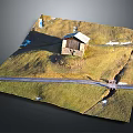 Ancient Scene Featuring Small Wooden House On Grassy Hillside With Path And Snow Patches