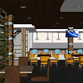 Modern Café Interior Design With Tables Chairs Menu Board Warm Lighting And Decorative Plants