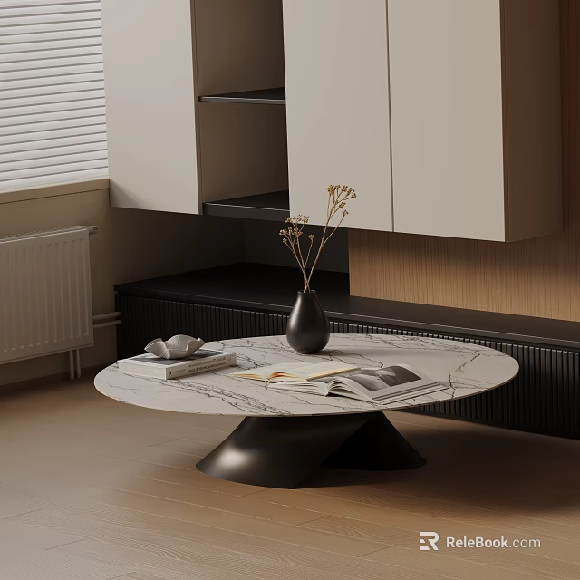 Modern Sofa Coffee Table Set With Round Marble Top Black Base And Decorative Items 3d model 