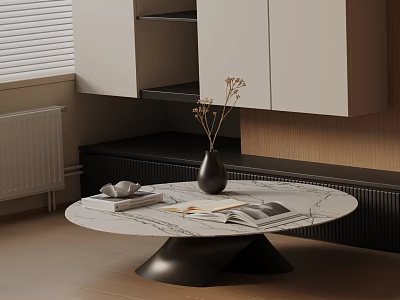Modern Sofa Coffee Table Set With Round Marble Top Black Base And Decorative Items 3d model