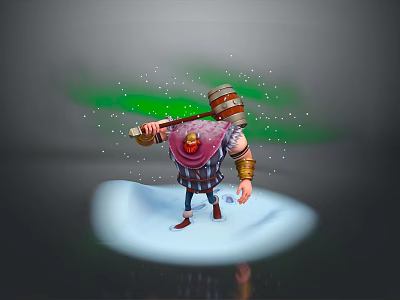 Fantasy Game Movie Character Holding Large Hammer With Green Snow Effects Standing On White Platform 3d model
