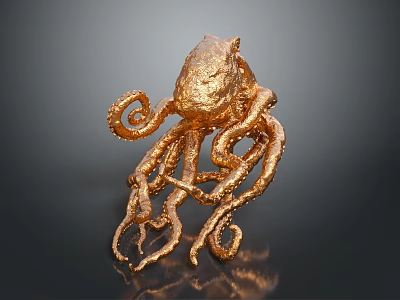 Golden Octopus Sculpture With Detailed Curly Tentacles And Metallic Texture On Dark Reflective Surface 3d model
