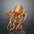 Golden Octopus Sculpture With Detailed Curly Tentacles And Metallic Texture On Dark Reflective Surface