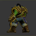 Green Skinned Fantasy Warrior With Golden Brown Spiked Armor Holding Large Hammer And Ornate Headpiece