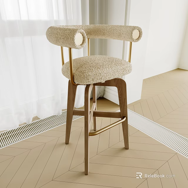 Modern Faux Fur Bar Stool With Gold Metal Frame And Wooden Legs 3d model 