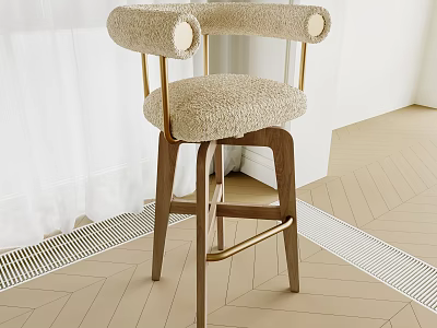 Modern Faux Fur Bar Stool With Gold Metal Frame And Wooden Legs 3d model