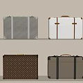 Vintage Suitcases with Gray White Brown Beige Tones and Decorative Trim Handles Displayed on Shelves