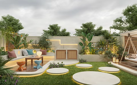 Courtyard landscape plant home courtyard villa courtyard outdoor sofa cream wind courtyard 3d model