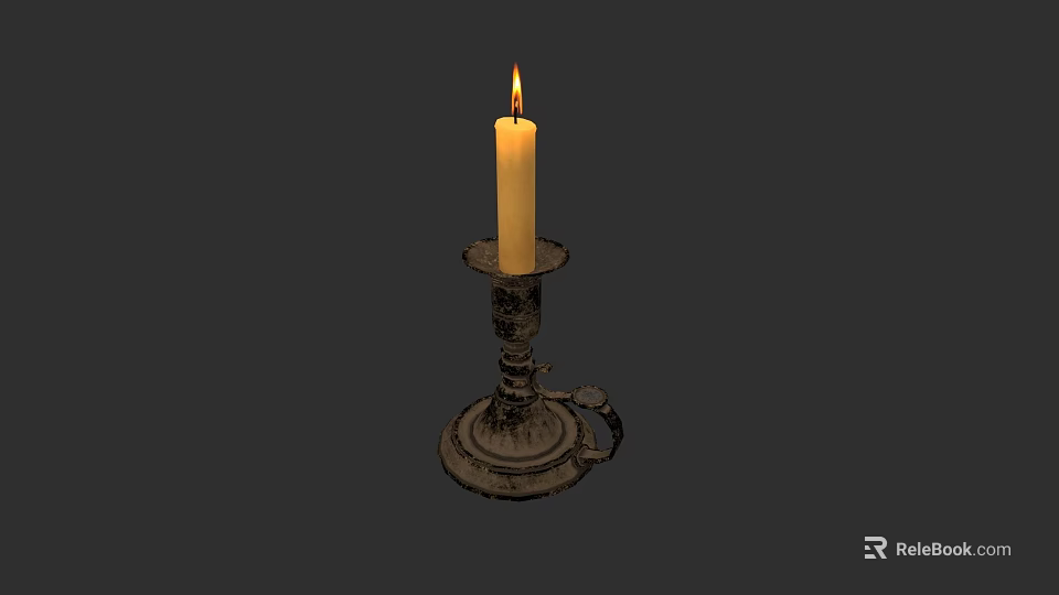 Lit Beige Candle On Vintage Brass Candlestick With Glowing Flame And Antique Design 3d model 