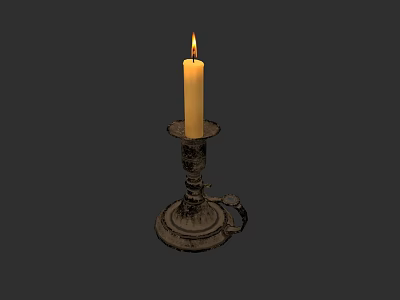 Lit Beige Candle On Vintage Brass Candlestick With Glowing Flame And Antique Design 3d model