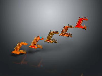 Three Dimensional FALL Letters Decorative Sculpture With Orange Red Platforms On Gray Background And Reflection 3d model