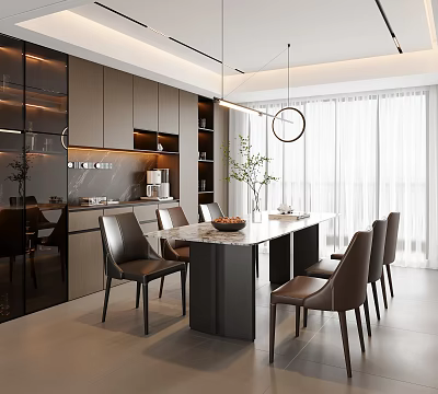 Modern Dining Room Interior Design With Marble Table Leather Chairs Pendant Lights And Plants 3d model