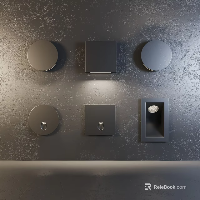 Modern Wall Lamps with Round and Square Shapes on Textured Gray Wall 3d model 