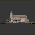 Cartoon Scene with Ancient Building Tower Red Tile Roof Arched Windows Trees and Dirt Path