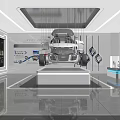 Modern Car Showroom With Suspended Black Car Display Screens Charts And Exhibition Counters