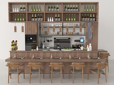 Wooden Bar Counter With Wine Racks Wine Bottles Chairs And Fruit Decorations 3d model