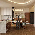 Modern Open Concept Dining and Living Room With Pendant Lights Dining Table and Kitchen Island
