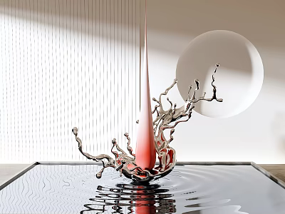Modern Abstract Sculpture with Red Silver Metallic Structure Water Reflection and White Circular Accent 3d model